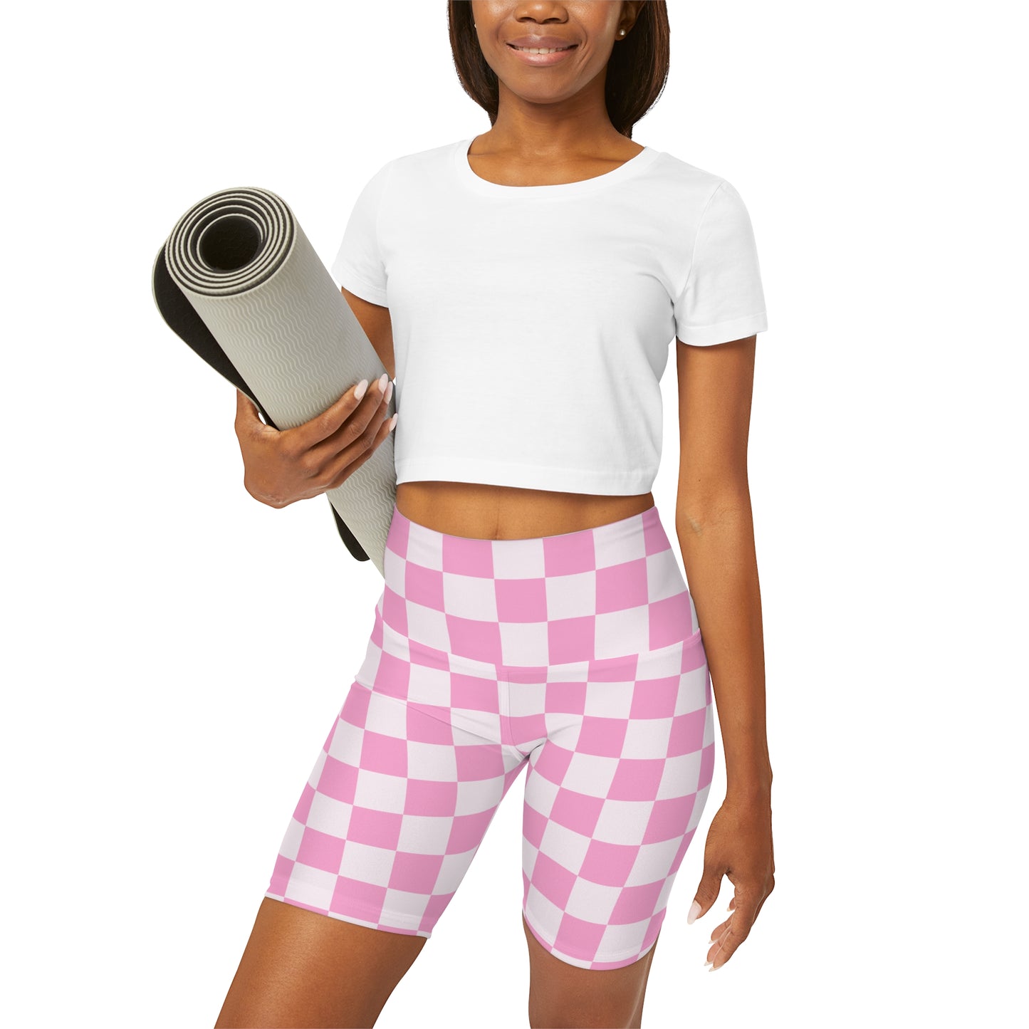 pink checkers high waisted yoga shorts