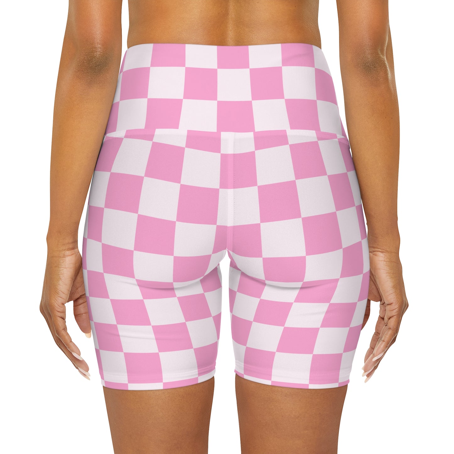 pink checkers high waisted yoga shorts