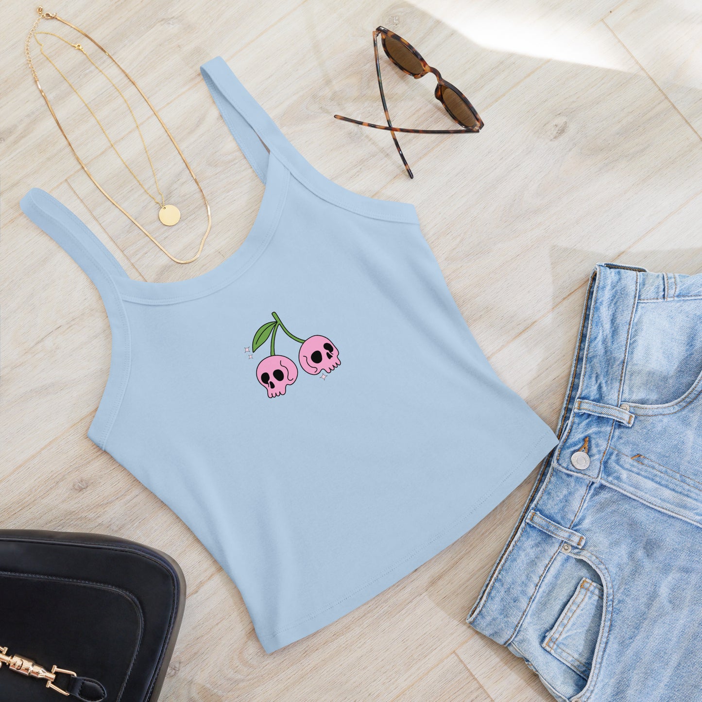 pink skull cherries micro-rib tank top