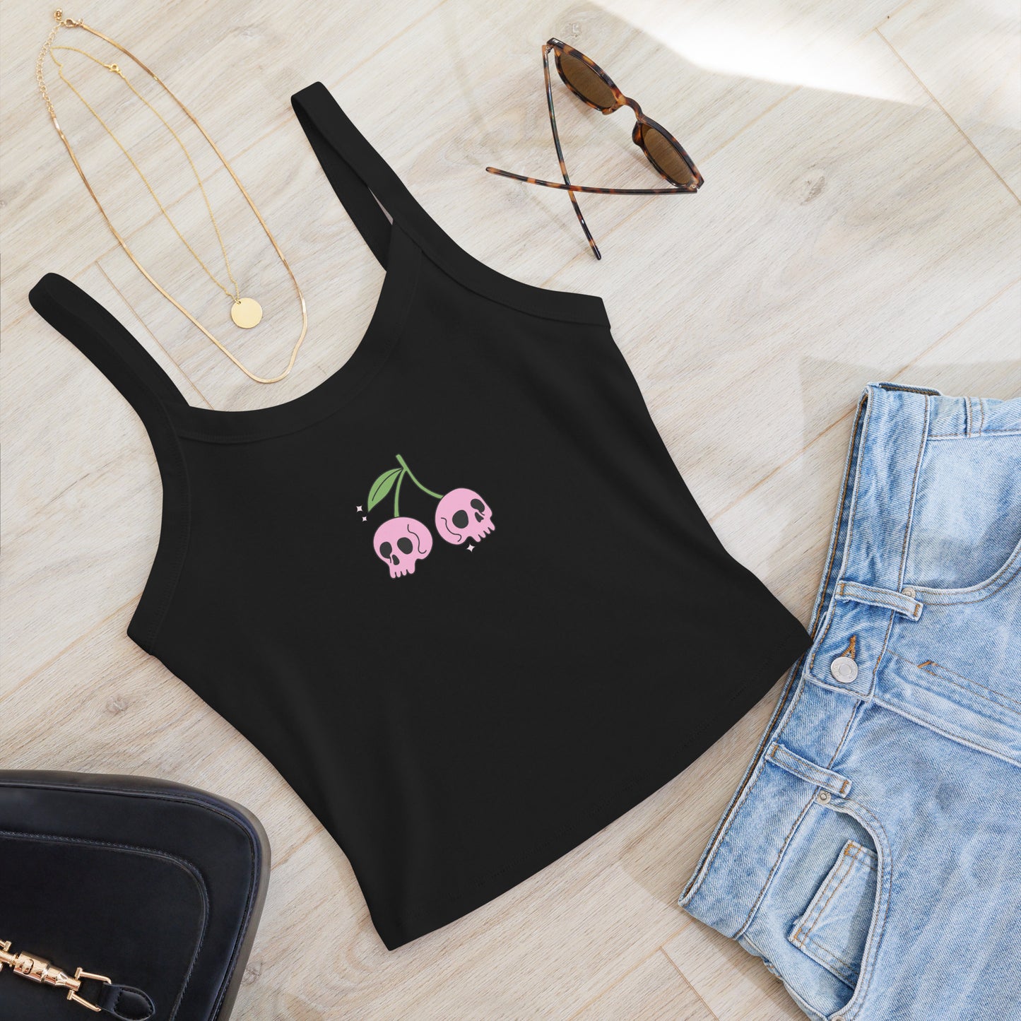 pink skull cherries micro-rib tank top