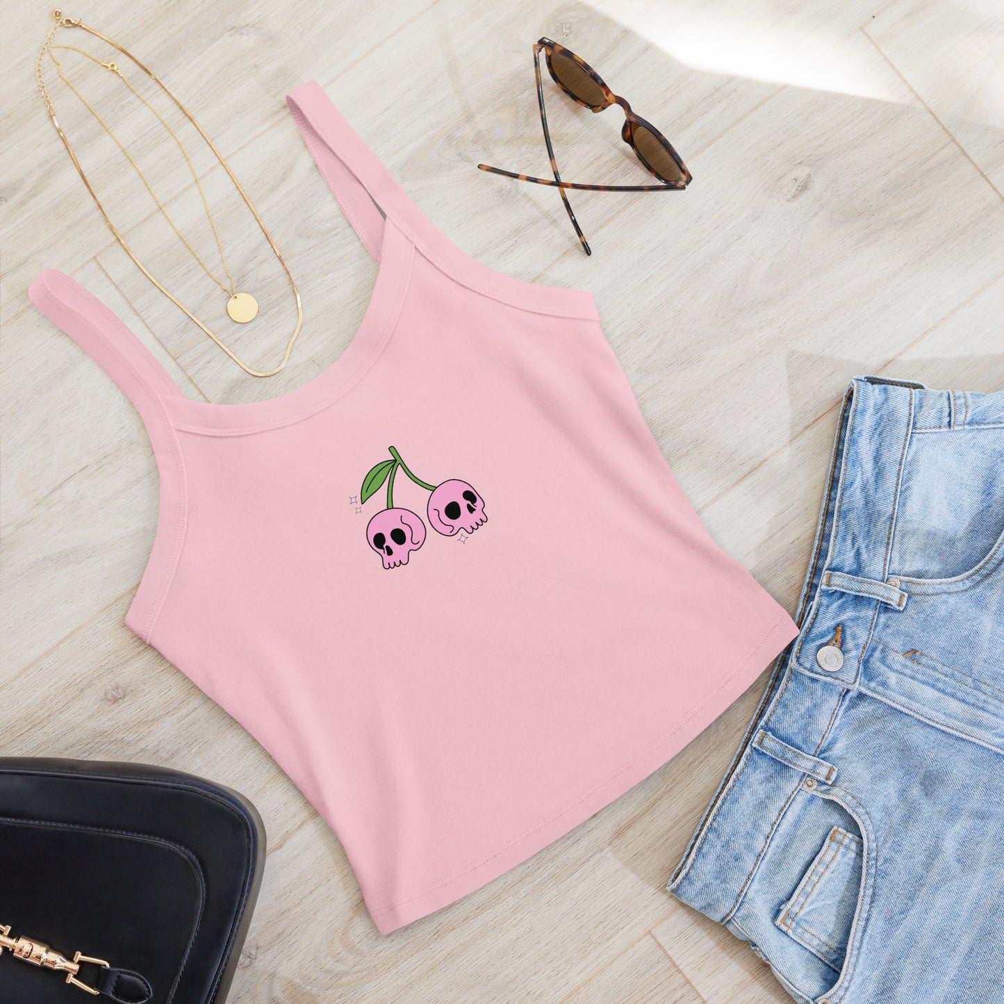 pink skull cherries micro-rib tank top