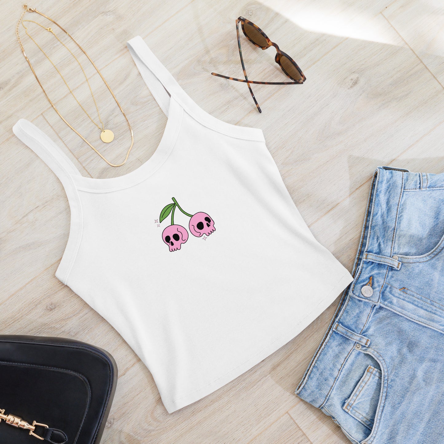 pink skull cherries micro-rib tank top